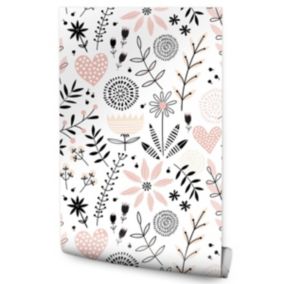 Papier Peint Intissé COEURS Brindilles Fleurs Feuilles Colorées Pour Chambre D'Enfant