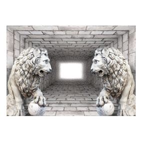 Papier peint intissé panoramique 3d et perspective lions de pierre 400x280 cm