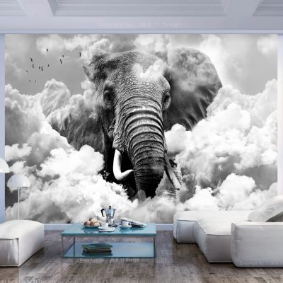 Papier peint intissé panoramique animaux elephant in the clouds (black and white) 400x280 cm