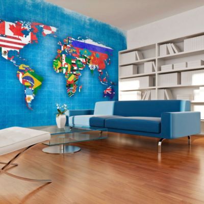 Papier peint intissé panoramique carte du monde flags of countries ...