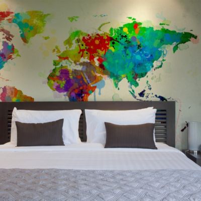 Papier peint intissé panoramique carte du monde paint splashes map of the world 200x154 cm