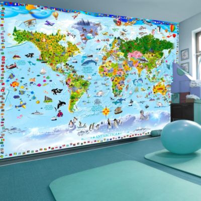 Papier peint intissé panoramique carte du monde world map for kids 300x210 cm
