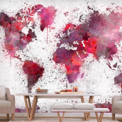Papier peint intissé panoramique carte du monde world map: red watercolors 400x280 cm