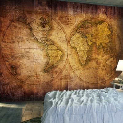 Papier peint intissé panoramique carte du monde world on old map 250x175 cm