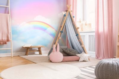 Papier Peint Intissé Panoramique Enfant Arc-en-ciel Ciel 250x175 cm - Colle Inclus - Chambre et Salon - Moderne Trompe l'oeil