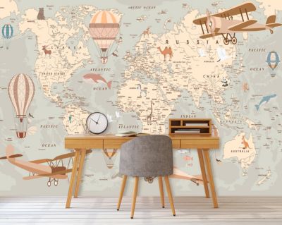 Papier Peint Intissé Panoramique Enfant Carte du monde 350x250 cm - Colle Inclus - Chambre et Salon - Moderne Trompe l'oeil