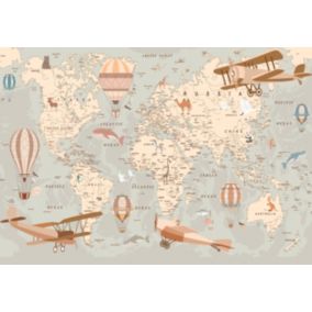 Papier Peint Intissé Panoramique Enfant Carte du monde 400x280 cm - Colle Inclus - Chambre et Salon - Moderne Trompe l'oeil