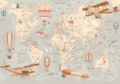 Papier Peint Intissé Panoramique Enfant Carte du monde 400x280 cm - Colle Inclus - Papier Peint Enfant Beige