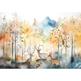 Papier Peint Intissé Panoramique Enfant Forêt Animaux 350x250 cm - Colle Inclus - Chambre et Salon - Moderne Trompe l'oeil