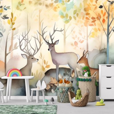 Papier Peint Intissé Panoramique Enfant Forêt Animaux 400x280 cm - Colle Inclus - Chambre et Salon - Moderne Trompe l'oeil