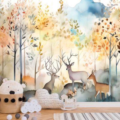 Papier Peint Intissé Panoramique Enfant Forêt Animaux 400x280 cm - Colle Inclus - Chambre et Salon - Moderne Trompe l'oeil