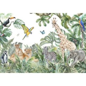 Papier Peint Intissé Panoramique Enfants Jungle Animaux 254x184 cm - Colle Inclus - Chambre et Salon - Moderne Trompe l'oeil