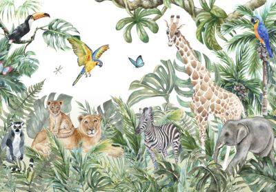 Papier Peint Intissé Panoramique Enfants Jungle Animaux 312x219 cm - Colle Inclus - Chambre et Salon - Moderne Trompe l'oeil