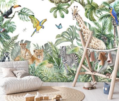 Papier Peint Intissé Panoramique Enfants Jungle Animaux 312x219 cm - Colle Inclus - Chambre et Salon - Moderne Trompe l'oeil