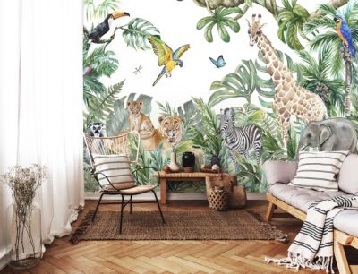 Papier Peint Intissé Panoramique Enfants Jungle Animaux 312x219 cm - Colle Inclus - Chambre et Salon - Moderne Trompe l'oeil