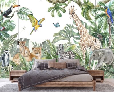 Papier Peint Intissé Panoramique Enfants Jungle Animaux 312x219 cm - Colle Inclus - Chambre et Salon - Moderne Trompe l'oeil