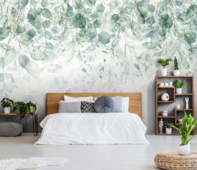 Papier Peint Intissé Panoramique Feuilles Vert 350x250 cm - Colle Inclus - Chambre et Salon - Moderne Trompe l'oeil
