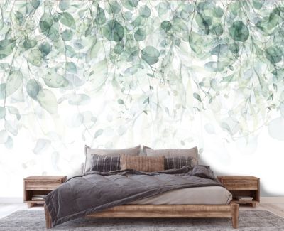 Papier Peint Intissé Panoramique Feuilles Vert 350x250 cm - Colle Inclus - Chambre et Salon - Moderne Trompe l'oeil