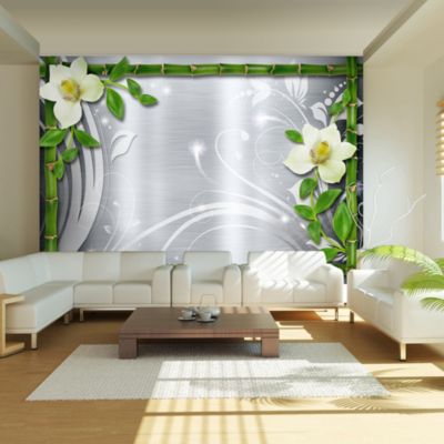 Papier peint intissé panoramique fleurs bamboo and two orchids 250x175 cm