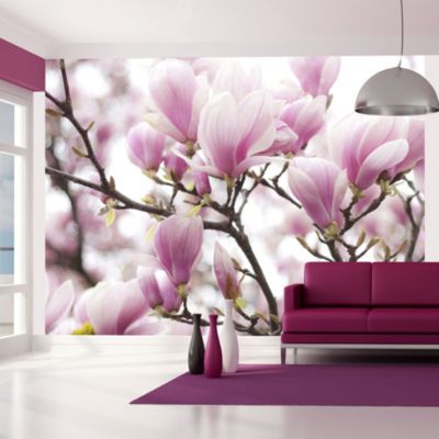 Papier peint intissé panoramique fleurs branche de magnolia en fleurs 300x231 cm