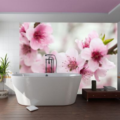 Papier peint intissé panoramique fleurs cerisier en fleurs avec petites fleurs roses 350x270 cm