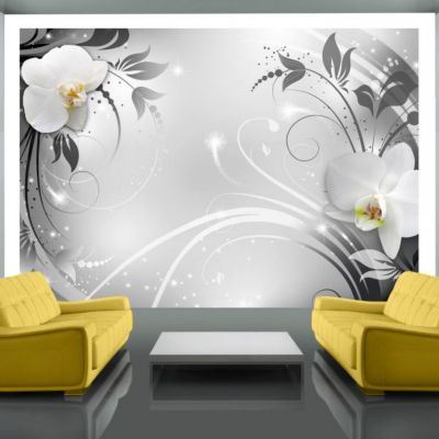 Papier peint intissé panoramique fleurs orchids on silver 400x280 cm