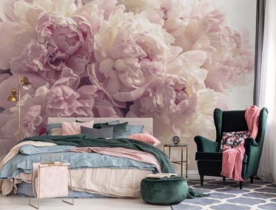 Papier Peint Intissé Panoramique Fleurs Pivoines Rose 400x280 cm - Colle Inclus - Chambre et Salon - Moderne Trompe l'oeil