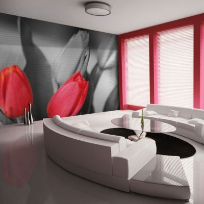 Papier peint intissé panoramique fleurs tulipes rouges sur fond noir et blanc 350x270 cm