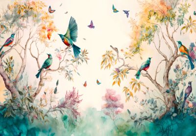 Papier Peint Intissé Panoramique Forêt Peint Oiseaux Art 400x280 cm - Colle Inclus - Chambre et Salon - Moderne Trompe l'oeil