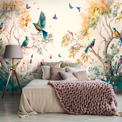 Papier Peint Intissé Panoramique Forêt Peint Oiseaux Art 400x280 cm - Colle Inclus - Chambre et Salon - Moderne Trompe l'oeil