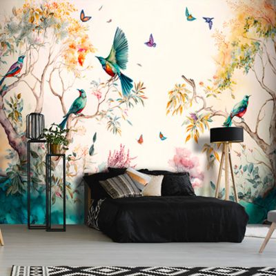 Papier Peint Intissé Panoramique Forêt Peint Oiseaux Art 400x280 cm - Colle Inclus - Chambre et Salon - Moderne Trompe l'oeil