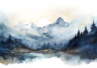 Papier Peint Intissé Panoramique Montagnes Aquarelle 250x175 cm - Colle Inclus - Chambre et Salon - Bleu Blanc