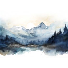 Papier Peint Intissé Panoramique Montagnes Aquarelle 350x250 cm - Colle Inclus - Chambre et Salon - Moderne Trompe l'oeil