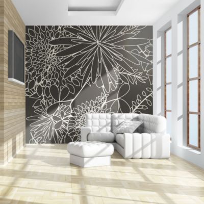 Papier peint intissé panoramique motif floral noir et blanc 350x270 cm