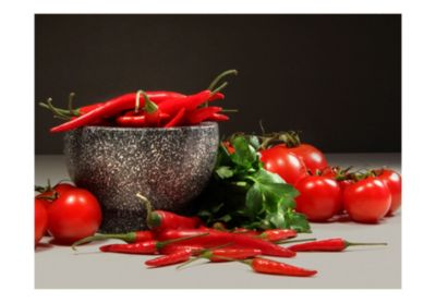 Papier peint intissé panoramique motifs de cuisine tomates et piments rouges 200x154 cm