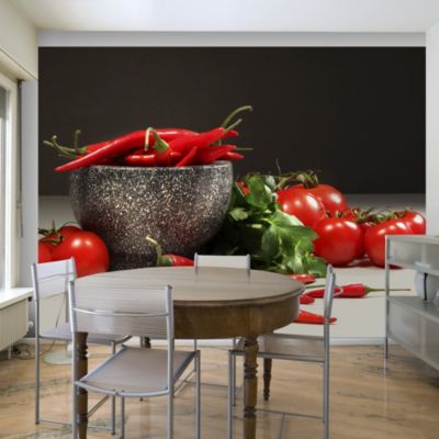 Papier peint intissé panoramique motifs de cuisine tomates et piments rouges 200x154 cm