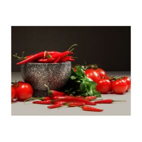 Papier peint intissé panoramique motifs de cuisine tomates et piments rouges 350x270 cm