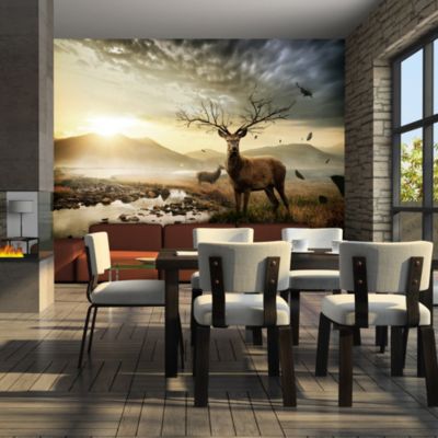 Papier peint intissé panoramique paysage cerf et ruisseau de montagne 250x193 cm