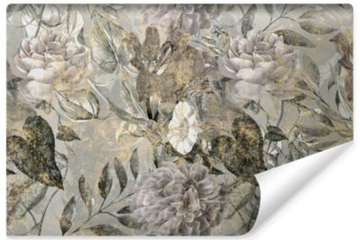 Papier Peint Intissé Photo FLEURS Feuilles Béton Rétro Pour Salon 90cm x 60cm