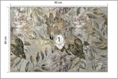 Papier Peint Intissé Photo FLEURS Feuilles Béton Rétro Pour Salon 90cm x 60cm