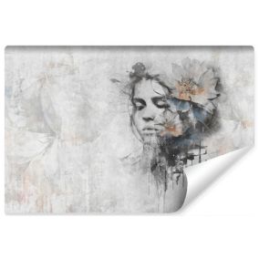 Papier Peint Intissé Photo PORTRAIT Femme Visage Béton Fleurs Pour Chambre 135cm x 90cm