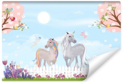 Papier Peint Intissé Photo Pour Chambre Enfant LICORNES Fées Fleurs Arbres 90cm x 60cm