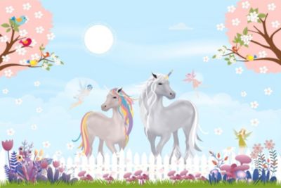 Papier Peint Intissé Photo Pour Chambre Enfant LICORNES Fées Fleurs Arbres 90cm x 60cm