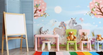 Papier Peint Intissé Photo Pour Chambre Enfant LICORNES Fées Fleurs Arbres 90cm x 60cm