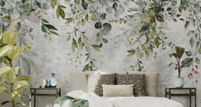 Papier Peint Intissé Photo Pour Chambre FEUILLES D'Aquarelle Béton 90cm x 60cm