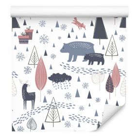 Papier Peint Intissé Pour Chambre D'Enfant ANIMAUX Arbres Style Scandinave