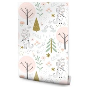 Papier Peint Intissé Pour Chambre D'Enfant LICORNES Animaux Arbres Feuilles