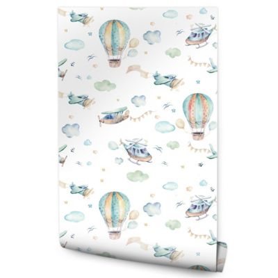 Papier Peint Intissé Pour Chambre D'Enfants AVIONS Ballons Nuages