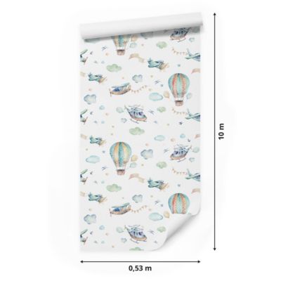 Papier Peint Intissé Pour Chambre D'Enfants AVIONS Ballons Nuages