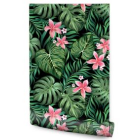 Papier Peint Intissé Pour La Chambre Feuilles Exotiques Fleurs Tropicales Nature